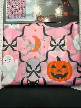 Pink Halloween Peva Shower Curtain Black Ribbon Bows Ghost Pumpkin Cat Witch Hat